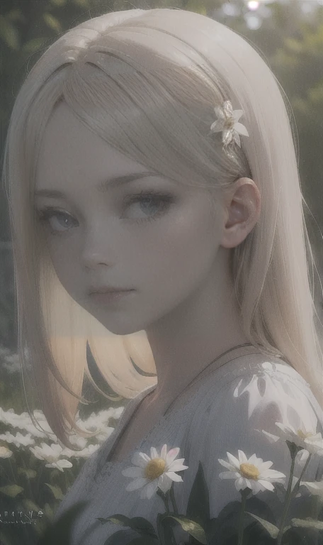 1 girl in a field of flowers, white flower, looking at the viewer, blue eyes, blonde hair, daisy, long hair, pure white dress, best quality, 4k, 8k, highres, masterpiece:1.2, ultra-detailed, realistic, photorealistic, photo-realistic:1.37, HDR, UHD, studio lighting, ultra-fine painting, sharp focus, physically-based rendering, extreme detail description, professional, vivid colors, bokeh, portrait, fantasy, cinematic lighting, natural lighting, soft focus, ethereal, serene, tranquil, dreamy