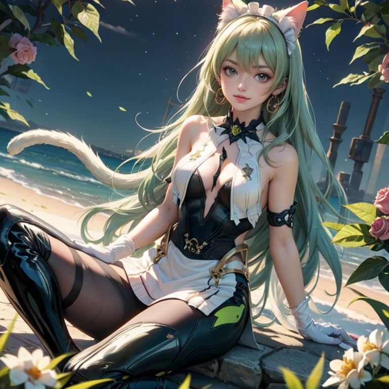 1girl, white maid dress, jewelry, green hair, flowing hair, long hair, white roses, firefly, oriental architecture, maid dress with a short skirt and layers, white laces, white boots, white dress with transparency, gold details on her clothes, cat ears, animal ears, outside, outdoor, seat on the water, meteor falling in the sky, white roses, grass flowers, more details, perfectly body, perfectly hands, two hands, two legs, two arms, five fingers, glowing hair, best quality, cat ears, animal ears, tail ornament, tail bow, white gloves, two cat tail, white gloves, alone, maid headdress, choker, garden scenery, detached sleeves, maid dress, maid white dress, strapless, masterpeice, best quality, detailed face, night, mobius (honkai impact), honkai (series), honkai impact 3rd, asymmetrical gloves, bangs, white short skirt , white gloves, white boots, earrings, elbow gloves, fishnet thighhighs, fishmasterpeice, solo, best quality, detailed face, gloves, green eyes, green hair, hair between eyes, jewelry, long hair, looking at viewer, single earring, sky, sleeveless, solo, thigh boots, thighhighs, tongue, tongue out, uneven gloves, sitting, cat ears, animal ears, cat tail, holding a ice cream