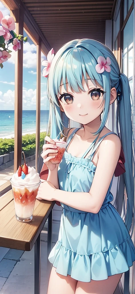 Seaside Cafe、Light blue long hair、Beautiful girl with twin tails、Eating strawberry shaved ice with relish、A cafe decorated with lots of orchid flowers、Beautiful girl with a bright smile