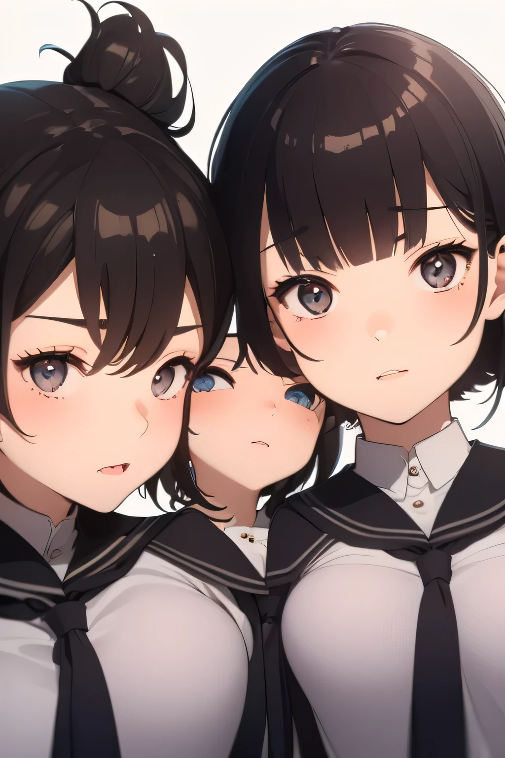 Highest quality、High resolution、Detailed Background、(Beautiful face in every detail:1.4)、Anatomically correct、Detailed facial expressions、age beauty、Highly detailed face、(Huge breasts:1.2)、cute hair color、Bobcut、ponytail、cute hairstyle、well-groomed eyebrows、Perfect body line、School classroom、JK Uniform、(A shot from below of three beautiful girls looking at us with cold eyes:1.5)、Close up from below、look at me with cold eyes、glare、cute、Panty Shot