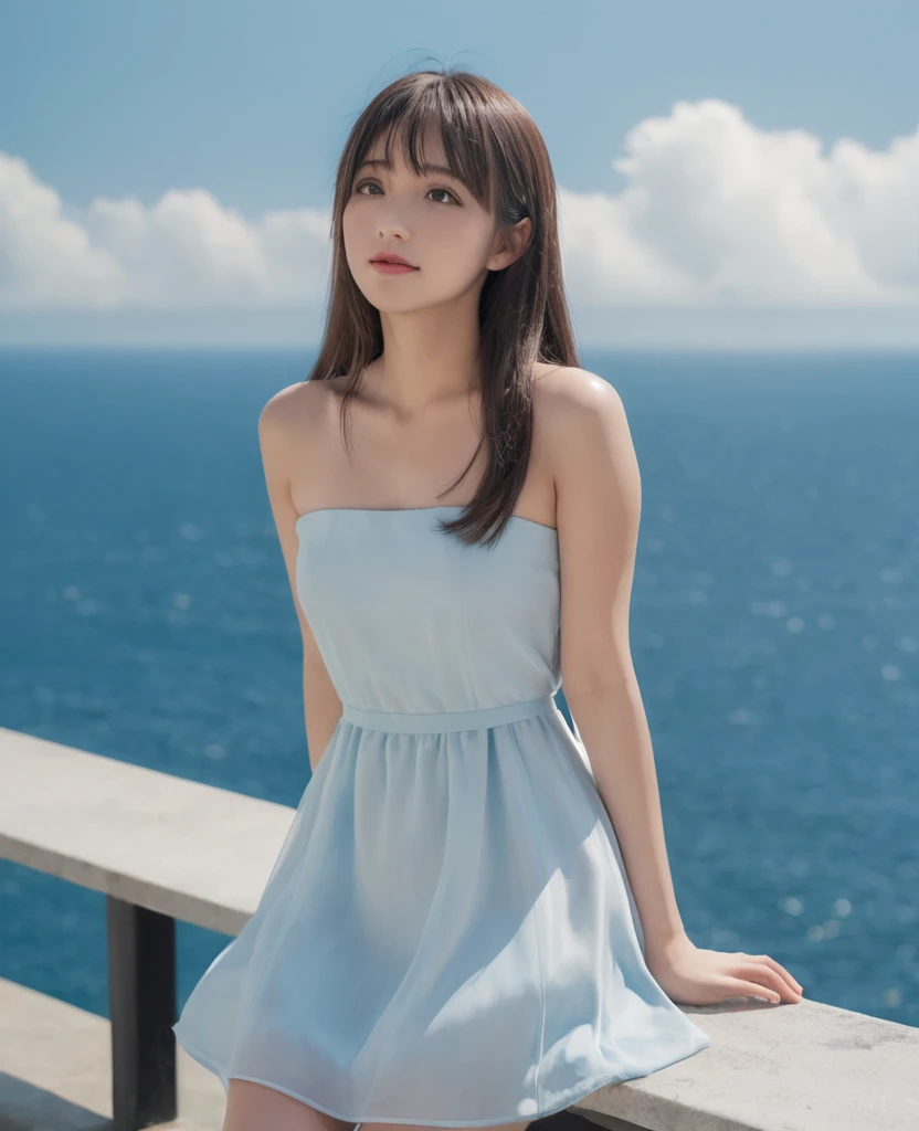 A girl，Alone，Long hair，Looking at the audience，Bangs，Brown hair，dress，Bare shoulders，Brown eyes，Upper Body，outdoor，Sky，sleeveless，daytime，cloud，白色dress，Vague，Blue sky，Lips，Depth of Field，Vague的背景，ocean，Reality，bench，Smile