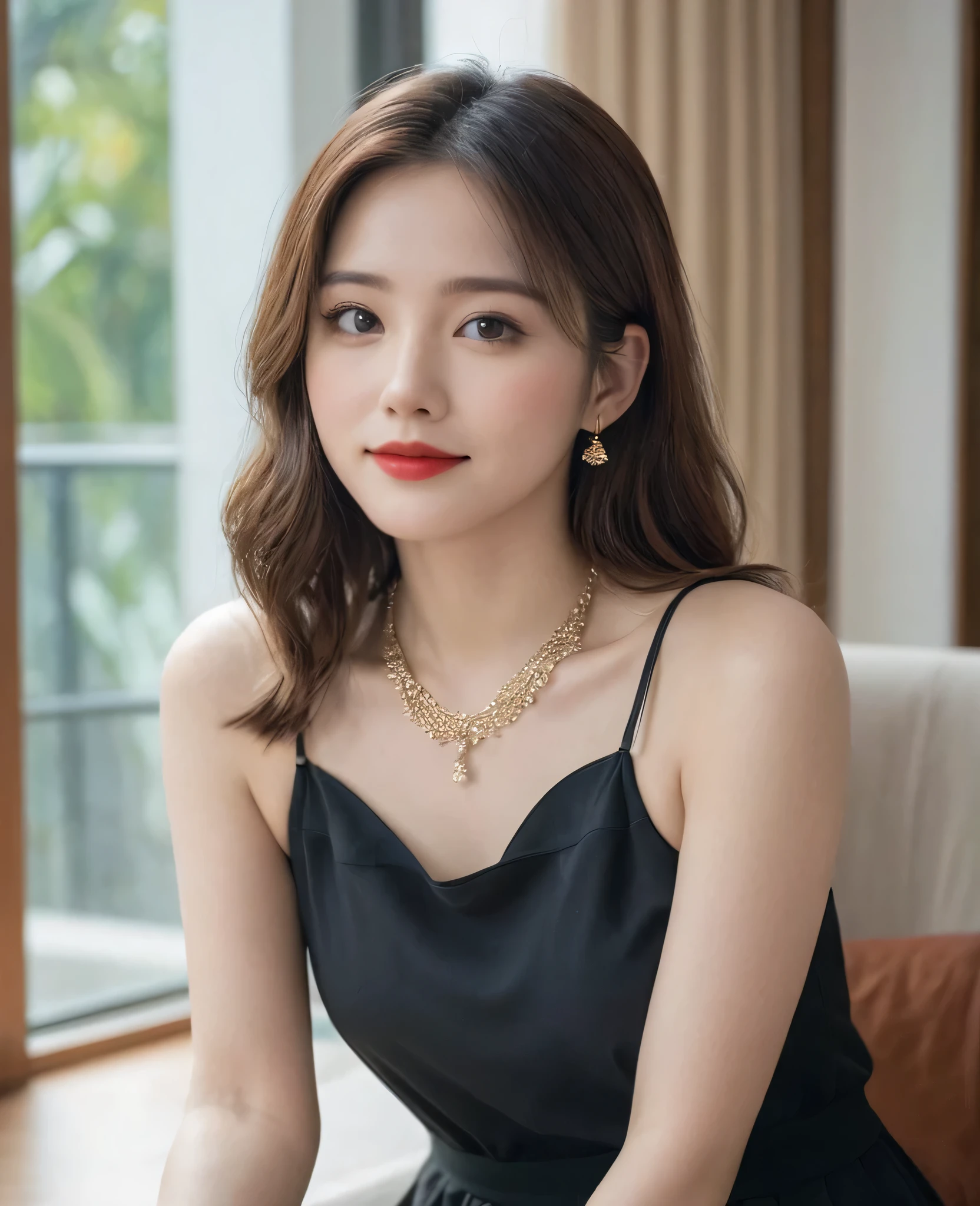 (Canon RF85mm f/1.2,best quality,Reality:1.4,light),A girl,Alone,She has brown hair,Wearing jewelry in hair。She sits indoors,Near the window,Sitting on the sofa,Have red lips。She looks directly at the audience,Looks confident and mysterious。The name of the artist who created this painting is cleverly incorporated into the picture.,Make the painting more personal and unique,Smiling