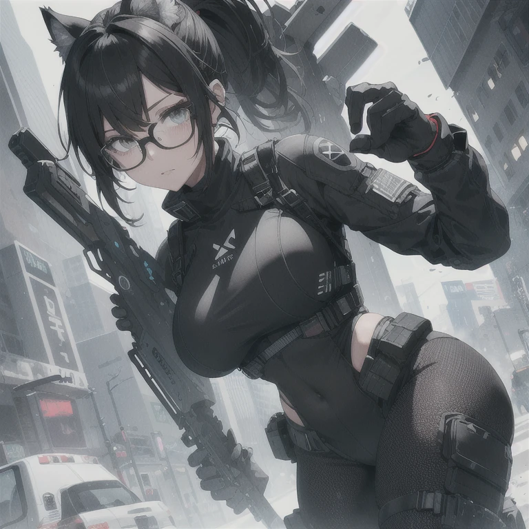 Absurd resolution, high resolution, (masterpiece: 1.4), hyper-detail, full body shot, solo, 1 kemono feline cat woman, humanoid, no skin other than neck and head shown, black hair, glasses, messy ponytail, cute face, detailed soft grey eyes, huge massive hyper super swollen heavy breasts that cover her whole torso and are bigger than her head while being so big they reach her belly button, extremely super large swollen perky heavy bust, wide full hips, narrower torso and shoulders, smaller torso, full thicc big soft thighs, big rounded full soft butt, ruggedized utility styled outfit, fully insulated suit, full body outfit coverage with no skin showing or revealed, scifi monochrome black and grey fullbody covering protective padding rugged loose-fitted pilot utility suit with white chest, tactical strategic protective padding on hips and thighs and abdomen, practical/functional clothing, weather-proof durable clothing material, nylon clothing material, custom made clothing to fit and support large breasts, scifi padded rugged rigid high collar techwear jacket, armored high collar, white and black triangular decals and techwear iconography on apparel and clothing, techwear gloves, arm mounted strapped display scifi tablet/communication device/computer, rugged tablet display mounted on MOLLE strap on top of her bust, ruggedized computer tablet mounted above her breasts, screen display mounted on top of her chest, ruggedized tech, ruggedized tech aesthetic, fitted utility pants, utility chaps, near future scifi, cyberpunk aesthetic, anime aesthetic