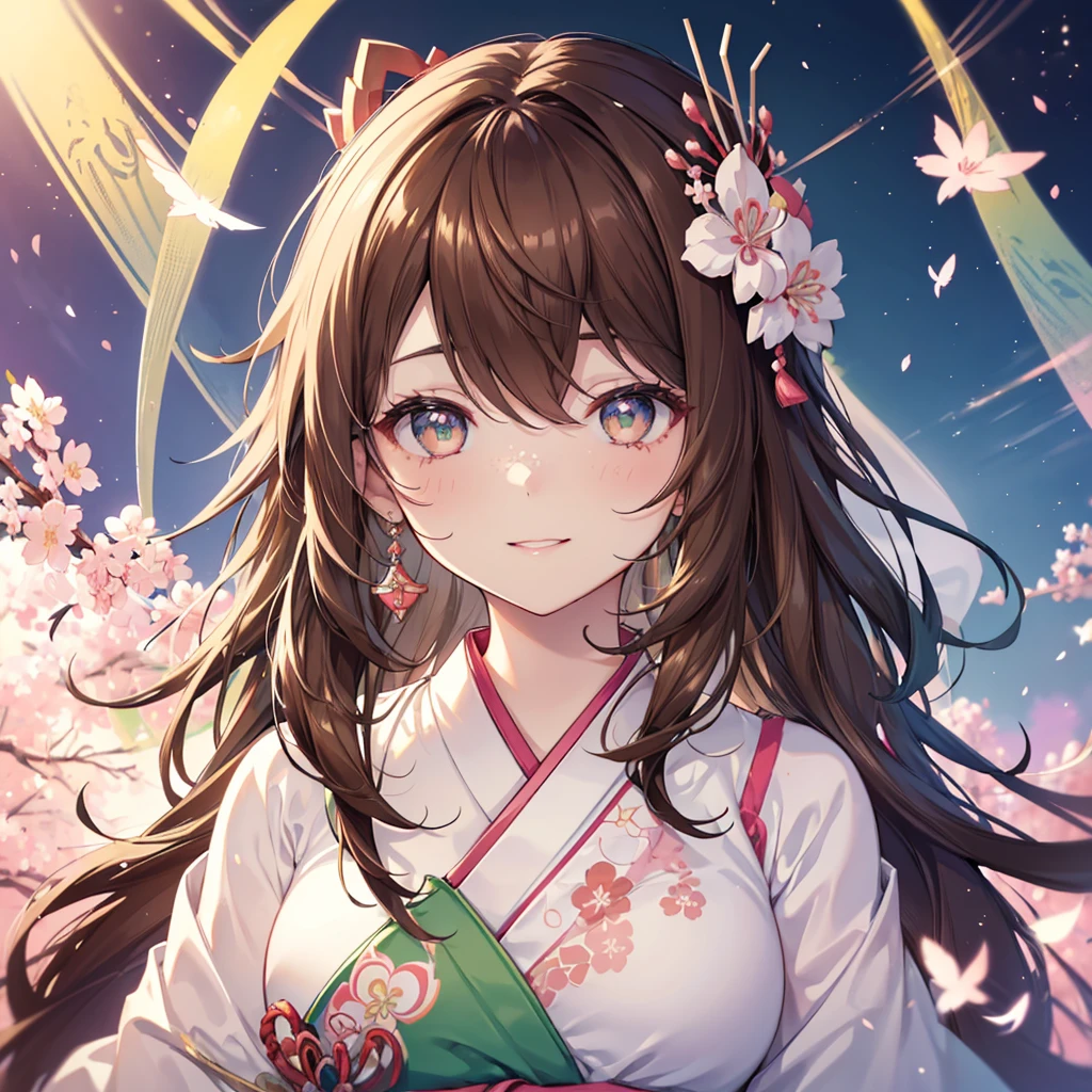 ((Genshin impact style lineart)) ((face portrait)), (masterpiece), (high quality), 1 girl, , female and curvy body, white skin, freckles, ((long, and wavy (((DARK-BROWN))) hair)), ((she has a big, green and bright eyes like the forest)), she has a cheerful, Very lively, happy, bright, kind and sweet expression, pink lips with a big smile, ((designs from East Asian, Game character costume design)), Japanese clothing style with a green and light pink color palette, japanese hair accessories, ((White background, sakura, cute and colorful pink details)), ((portrait panting)), intricate details, lens flare,ultra high resolution,sharp focus,HD,8k,clear facial features,clear details,beautiful eyes,beautiful face