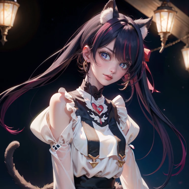 Shadow puppeteer, girl, black long hair, purple eyes, mysterious smile, simple dark dress, manipulating shadows, under the moonlight, front view, undefined gaze, average chest size,
