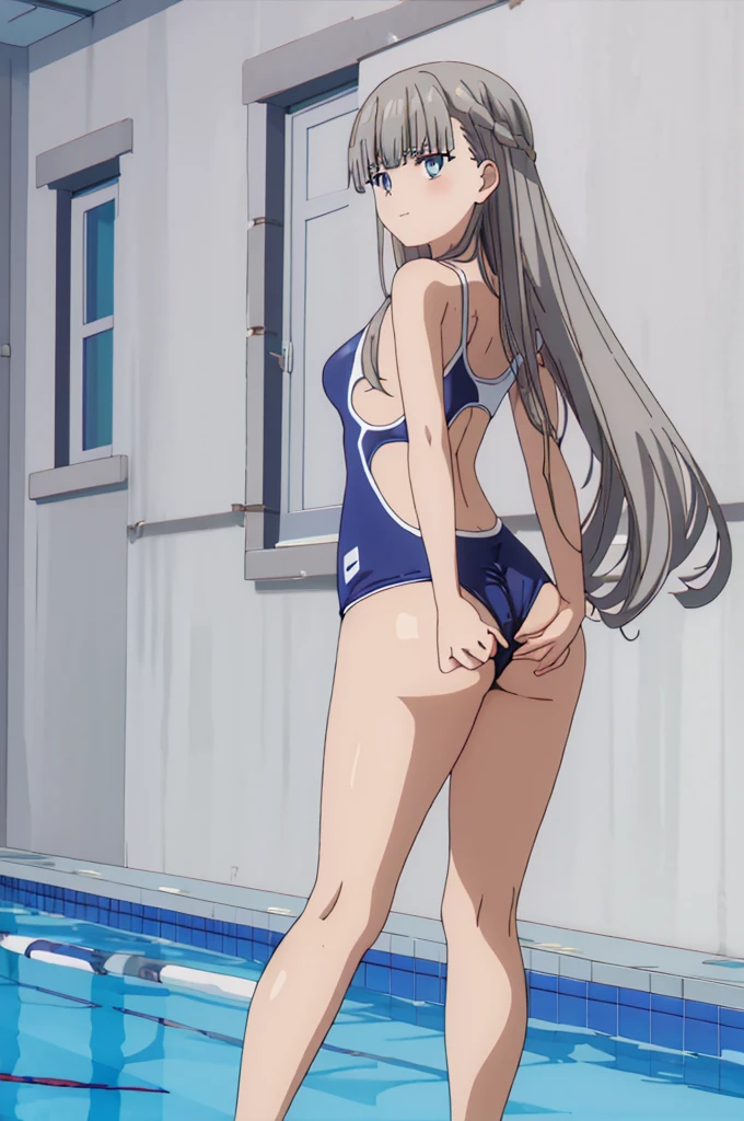 score_9, score_8_up, source_anime, asanagi, by muk \(monsieur\) BREAK, 1girl,lawine, grey hair, blue eyes, looking at viewer, slight smile, (masterpiece)1.2, ultra high res, 4K, best quality, ultra detailed, (highly detailed beautiful eyes)1.3, 1girl, small breasts, looking away, full body, (school swimsuit, adjusting clothes, adjusting swimsuit buttocks)1.4, (standing, looking back, ass focus)1.3, pool side,