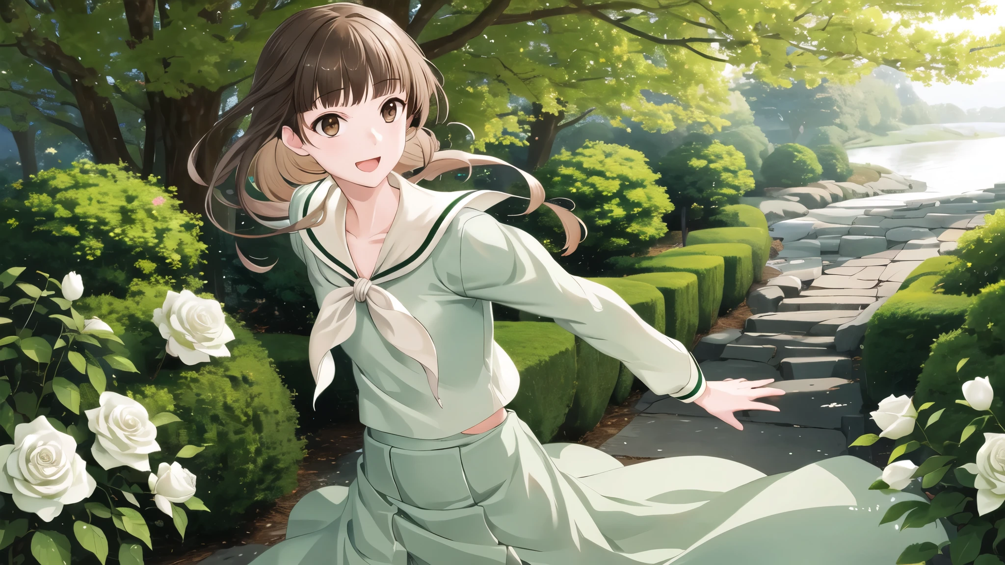 , masterpiece, Highest quality, High resolution, aayoshino, Slender figure, Sickly, White Rose, Long Hair, Twin Blade, Brown eyes, Hair that falls over the shoulders, , Sailor collar, neckerchief, Green Shirt, One piece sailor shirt, Long sleeve, Green Skirt, Long skirt, Are standing, Cowboy Shot, Outdoor, White Rose庭園, Person on the right, Shining Face