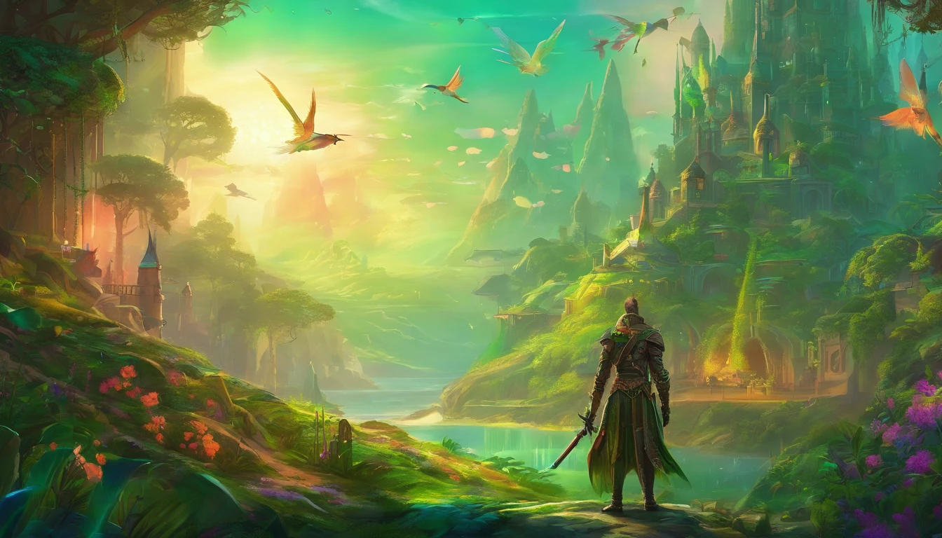 warrior hummingbird man, standing, details in green neon, with technological medieval armor with glowing magic marks, full body, hummingbird beak sword with glowing magic marks. Epic scene, wide and deep scenery, with several depth planes, stylish and dynamic pose. In the middle of a retro atompunk magical metropolis, mixing technology and greenery, buildings with neon details and glowing magical vegetation.