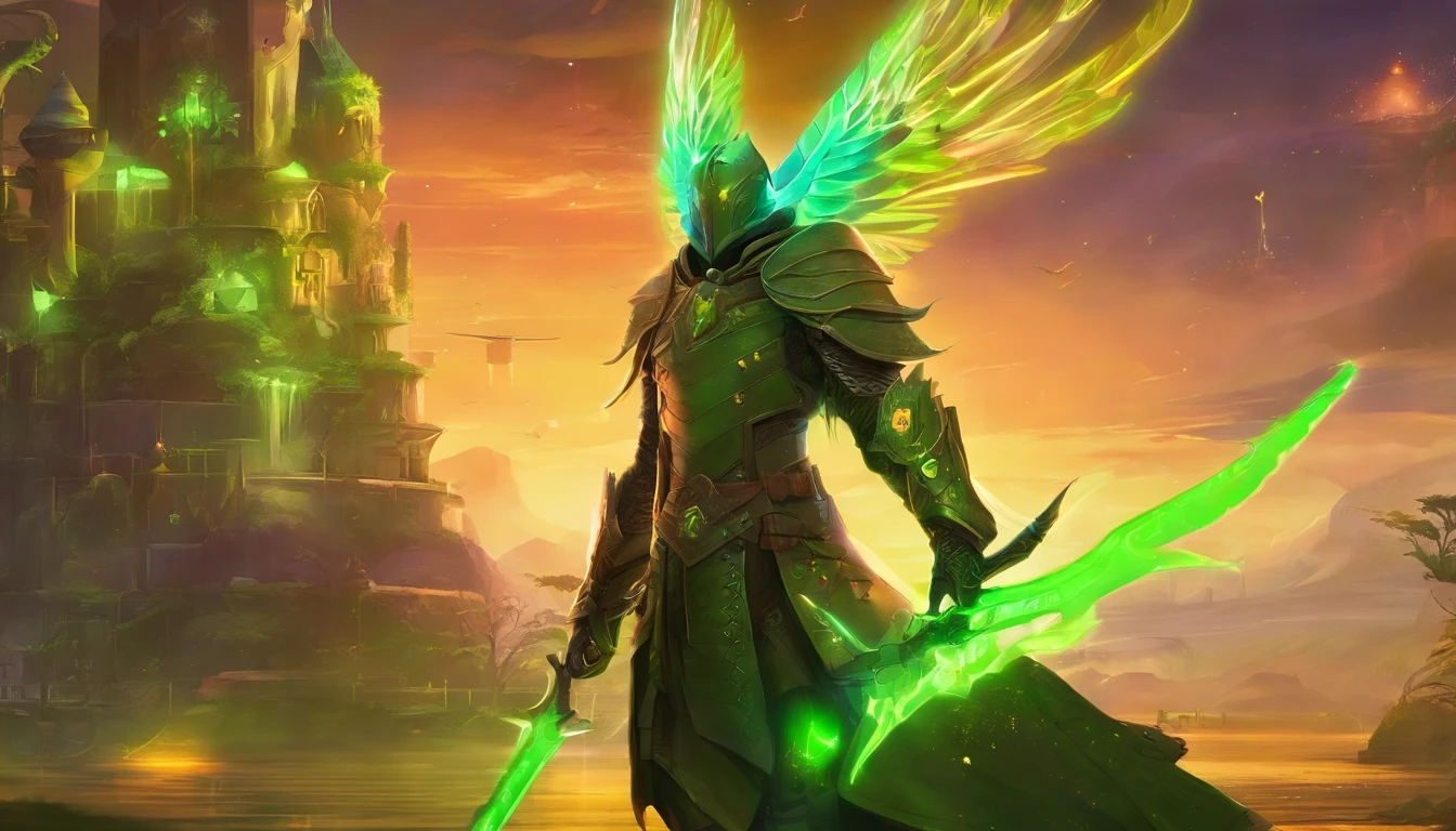 warrior hummingbird man, standing, details in green neon, with technological medieval armor with glowing magic marks, full body, hummingbird beak sword with glowing magic marks. Epic scene, wide and deep scenery, with several depth planes, stylish and dynamic pose. In the middle of a retro atompunk magical metropolis, mixing technology and greenery, buildings with neon details and glowing magical vegetation.