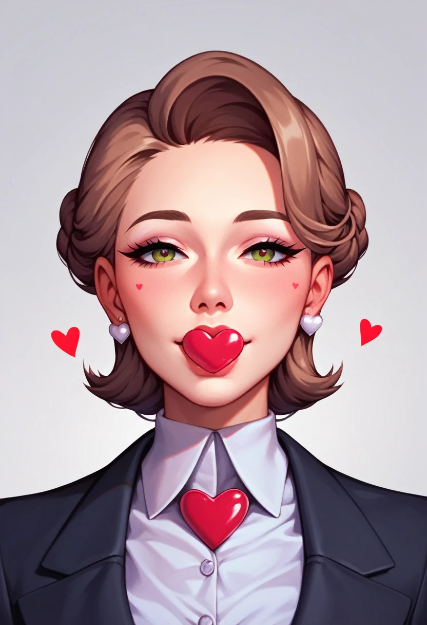beautiful 20 year old woman, sweetheart, professional portrait, black backdrop, suit, beautiful face, heart shaped face, rot/chestnut hair, fully dressed, sweetheart, high collar
