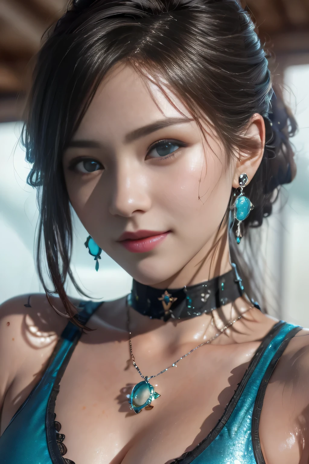 ((Best quality)), ((masterpiece)), (detail:1.4), 。.。.。.。.。.3d, Beautiful cyberpunk female character,HDR(High Dynamic Range), Ray Tracing,nvidia RTX,Super Resolution,Unreal 5,Subsurface scattering,PBR Textures,Post-processing,Anisotropic filtering,Depth of field Maximum clarity and sharpness Multi-layered textures, Albedo and specular maps,Surface Shading,Mitsu - Accurate simulation of material interactions,Perfect proportions,Octane Rendering,Two-color light,Large aperture,Low ISO,White Balance,Three rules 、8K raw data、,ponytail, Snow Peak Pavilion, hairpin, Colored contact lenses(Shelley Greg), aqua eyes, Medium breasts, Smiley Face, Jewel-like(earrings), modern, clair obscur, Movie Lighting, Nikon, 85 mm, high quality, 8K, best quality, Super detail,Pool water,Pool water,Pool water,