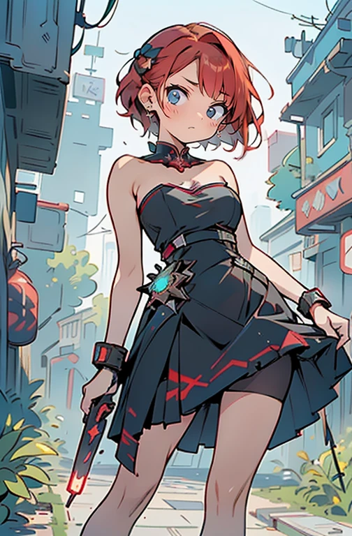 ((best qualityer)), ((work of art)), ((realisitic)) 19yearsold, red-haired girl, Hair to the shoulders, happy and relaxed face ((苗条)) (busty), ((( dark turquoise strapless bodycon dress ))) ((( mini-skirt ))) ((sensuous )) cyberpunk costume, textured pixie haircut , medium shot. beautiful face,
