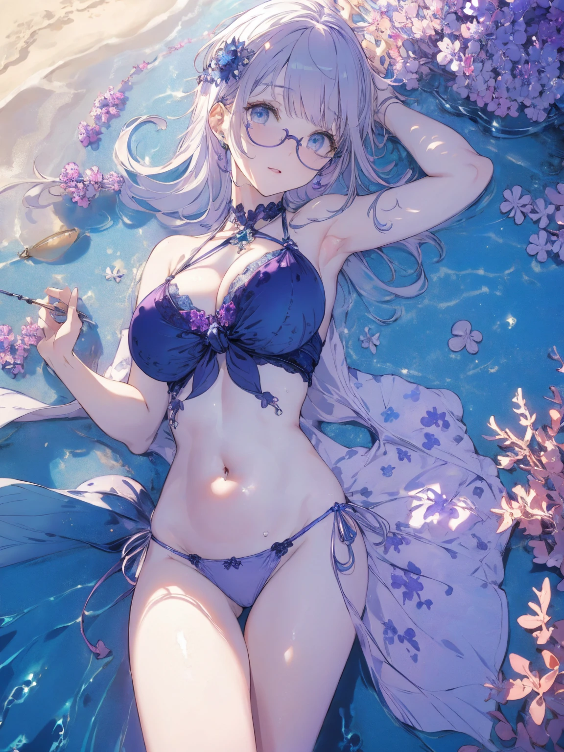 (seaside photo:1.1, in blue marine:1.5), Masterpiece, best quality, (very detailed CG unity 8k wallpaper), (best quality), High definition RAW color art, Animation,sculptures, (pink Marble Skin), (((Ultra detailed elegant))), Magical atmosphere, Detailed skin, Texture,(Intricately detailed, Fine detail, ultra-detail art), depth of fields, bokeh, Silky Touch, Hyper Detail, beautiful eyes, Elegant Face, (lying on pastel purple waterfront), sparkle background, enormous breast:1.3, (silver hair), pastel purple, fat, embarrassing red face, wide open udder, shorthair, Round Glasse:1.4, bikini