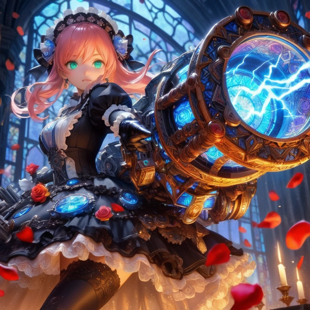 High-resolution rendering、Pink-haired, green-eyed black maid with a giant volt cannon、A gigantic Volt Cannon that is significantly larger than her head.、Detailed Vault Cannon、Blue and orange volt cannon。The Vault Cannon is engraved with intricate geometric stained glass patterns.、Shooting lightning。She points the Volt Cannon at the viewer.。Full Body Shot。In the background, it is pitch black with ruins.、The falling rose petals create a fantastic atmosphere.。An anime with delicate lines drawn using soft brushstrokes like watercolorultiple cels are layered to create the texture of ink.。Quality depicted through pinpoint detail。Full Body Shot