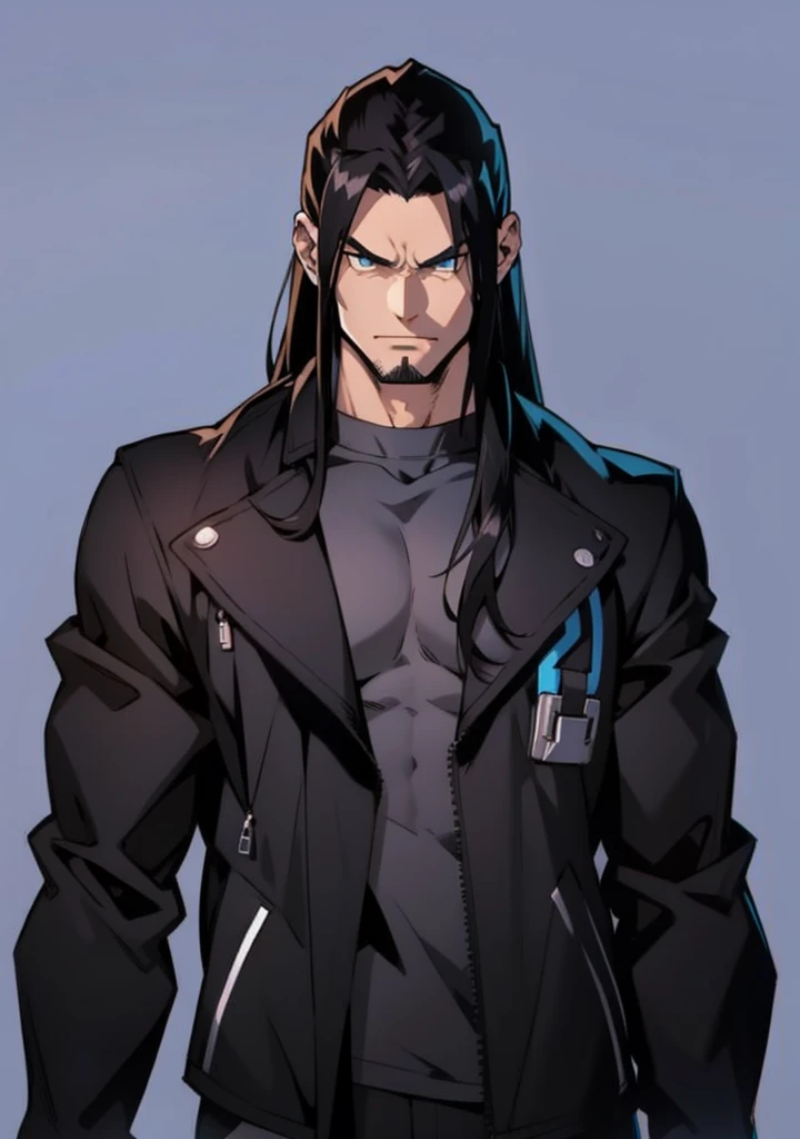 Generate an anime style art image of an adult man with long hair , dominant look villain posture,anime art.