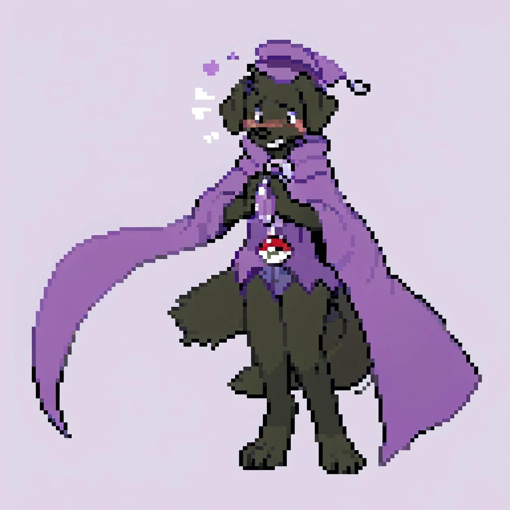 canid, canine, canis, mammal, mythological_canine, were, werecanid, werecanine, dog, black_labrador, black_body, black_fur, black_nose, holding_crystal_pokéball, hands_together, cupped_hands, purple_cloak, purple_clothes, magician, embarrassed, flushed, male, fingers, fluffy, fluffy_tail, fur, thin_anthro, full_body, solo, digital_media_(artwork), hi_res, masterpiece,