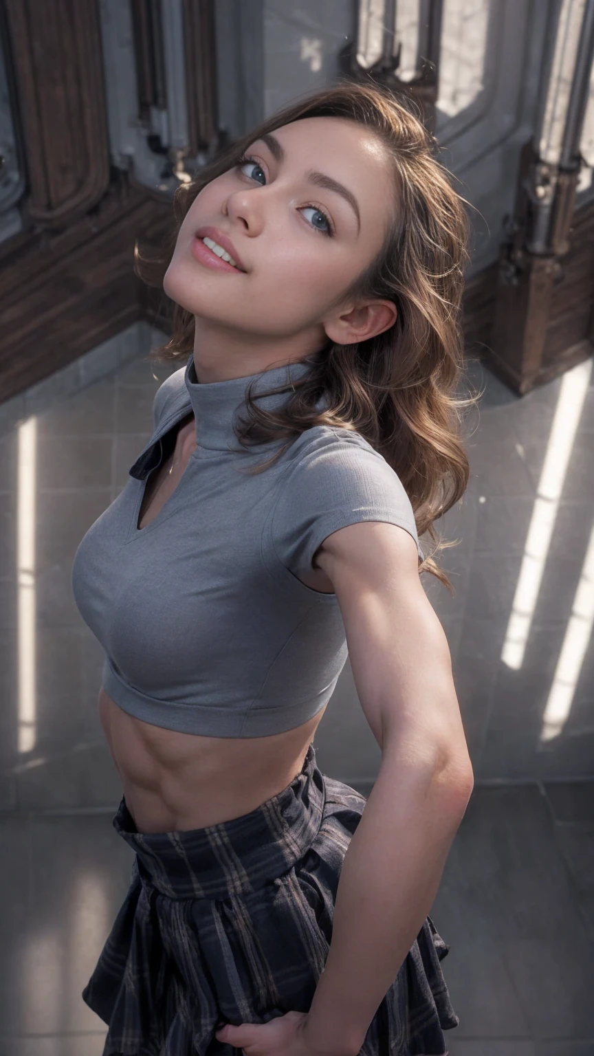((From a straight above, birds-eye perspective)), dainty, lithe, Cute, gorgeous, Caucasian girl, fit, (muscular:1.0), 18, teen, (flexing biceps:1.3), abs, slender, slim, long flowing brown hair, blue eyes, stunning, flawless, perfect, beautiful, cute, pretty, coy smile, masterpiece, 8k, highly detailed, tight plaid skirt, tied up white button up top, seductive smile, abs, with her standing up slightly bent, high heel knee high boots, (toned and defined muscles), high ponytail, wavy hair, indoor, classroom detention, (head tilted back:1.7), looking up and left at viewer, leaning back, (selfie view from left above:1.7), muscular, (arms reaching straight up overhead:1.8), (off center focus:1.5), (lifting man overhead)