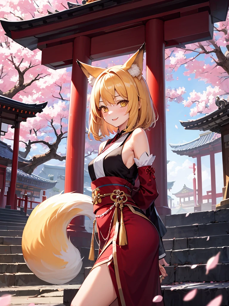 masterpiece, best quality, 1girl, yellow eyes, medium hair, stairs, cherry blossoms, temple, fox girl, detached sleeves, animal ears, happy, arms behind back,
