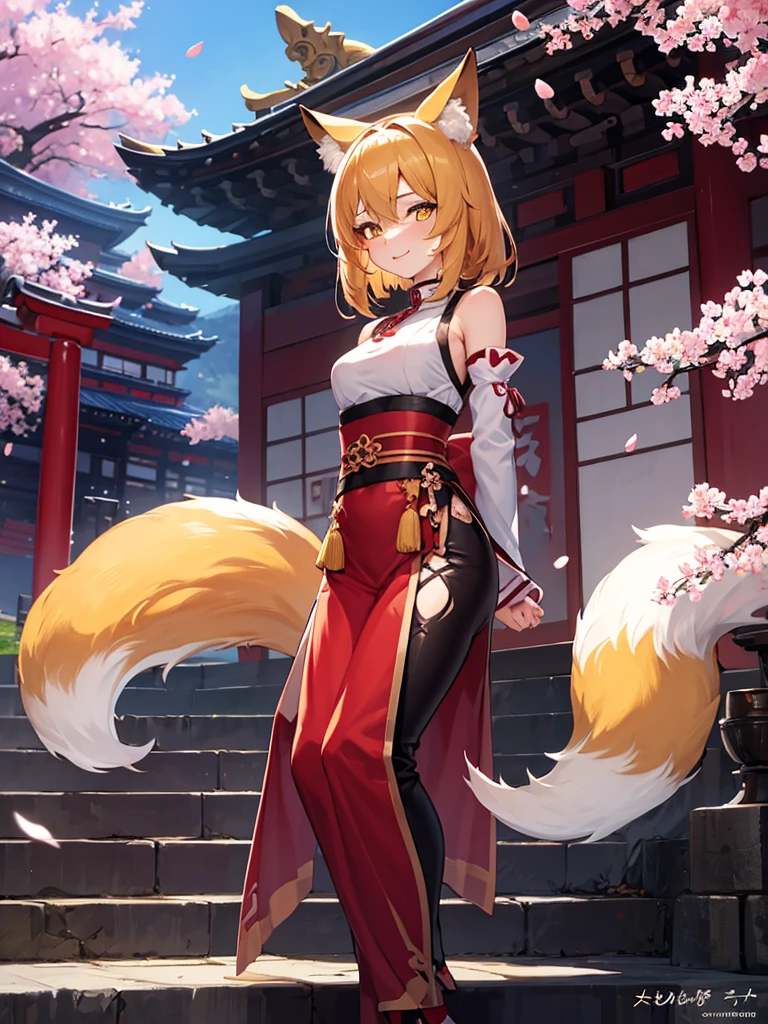 masterpiece, best quality, 1girl, yellow eyes, medium hair, stairs, cherry blossoms, temple, fox girl, detached sleeves, animal ears, happy, arms behind back,
