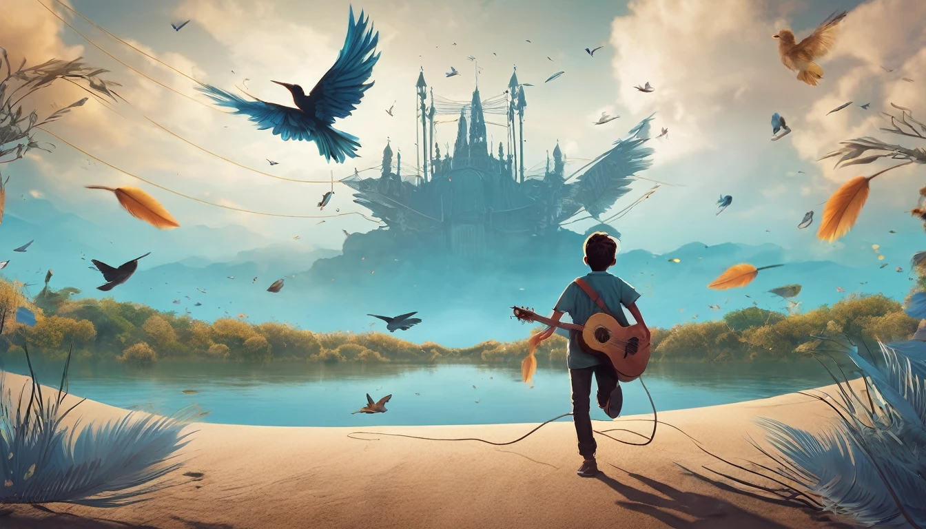 Create a professional, fantastic, cinematic Youtube Banner for a brand about music and stories called " Penamemoria". Masterpiece, 4k, sharp focus, highest quality,wide shot. The title is " Penamemoria". Is a brand about the creative, unique journey of a boy into becoming a musician storyteller. In his journey he finds inspiration in a world of birds and feathers. Minimalistic, simple, poetic, dreamy logotype at the center of the image. The Background image is a world full of fantastic feathers, unique birds, light blue sky, and a boy running happily into the horizon with an acoustic guitar in his right hand. Boy running against the wind, almost simulating like he is flying