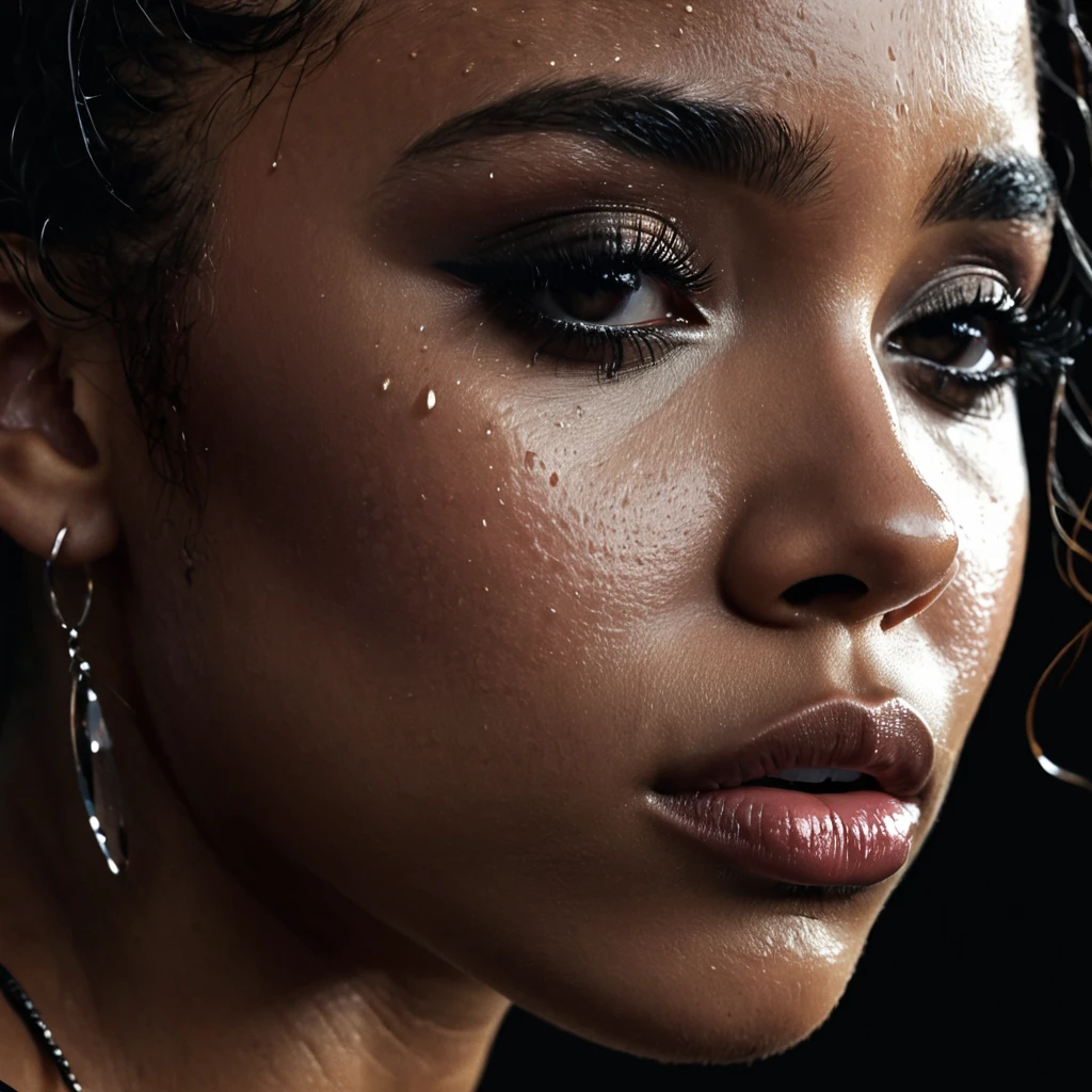 close up and zoomed in on a beautiful depressed emotional sad crying black girl with crying a single teardrop running down her face and a black background, sad, depressed, emotinoal, close up on side profile only showing cheek and eyelight falling on face, noir photorealism, mysterious portrait of a woman, chiaroscuro portrait, close up on side profile, tinashe, zoe kravitz, zoomed in on tear drop, euphoria vibes, tears, crying, black and white, dark