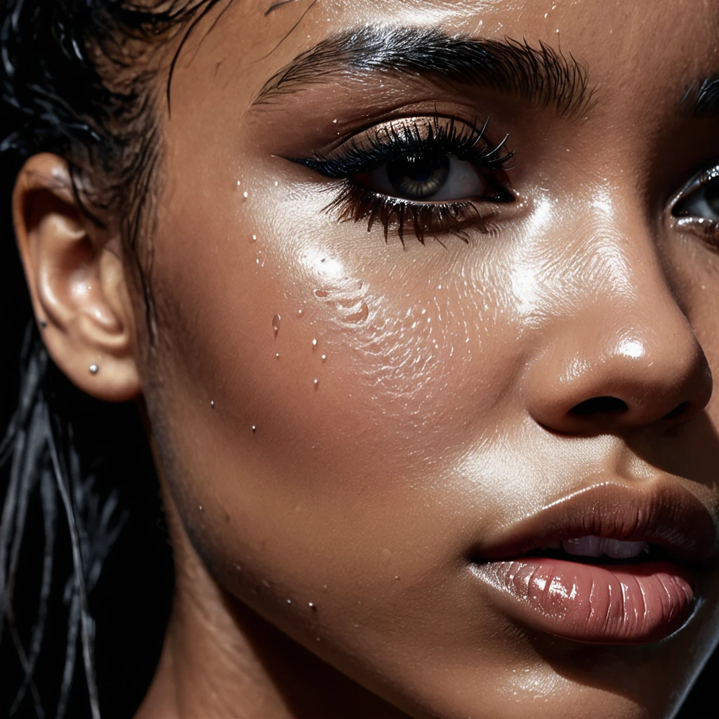 close up and zoomed in on a beautiful depressed emotional sad crying black girl with crying a single teardrop running down her face and a black background, sad, depressed, emotinoal, close up on side profile only showing cheek and eyelight falling on face, noir photorealism, mysterious portrait of a woman, chiaroscuro portrait, close up on side profile, tinashe, zoe kravitz, zoomed in on tear drop, euphoria vibes, tears, crying, black and white, dark