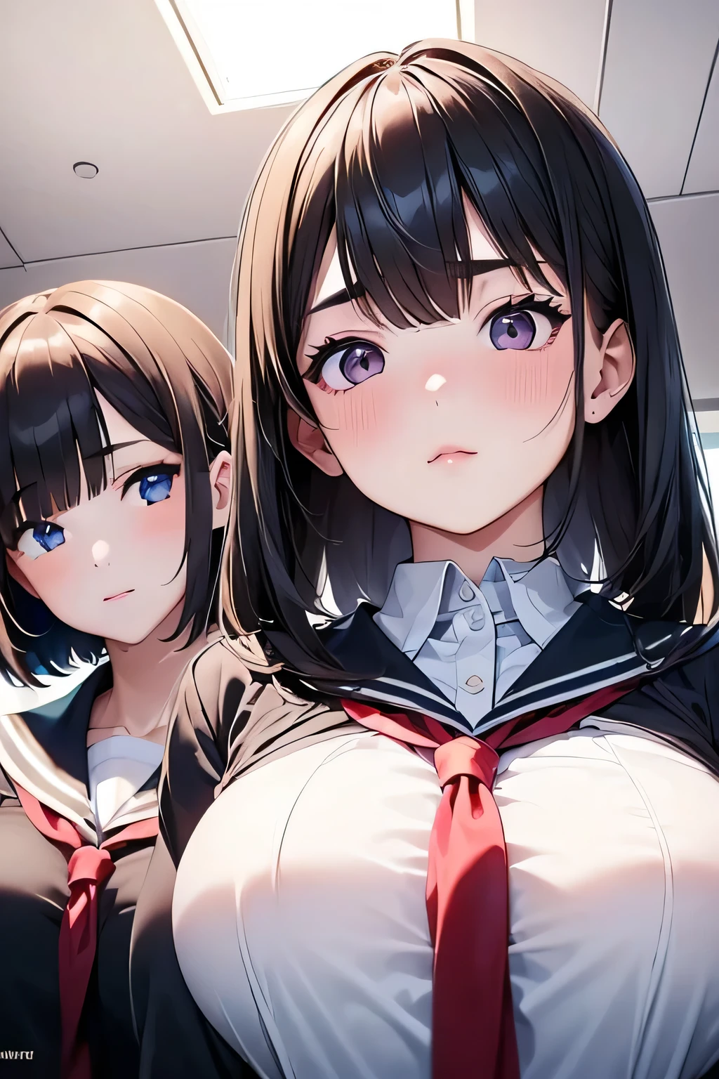 Highest quality、High resolution、Detailed Background、(Beautiful face in every detail:1.4)、Anatomically correct、Detailed facial expressions、age beauty、Highly detailed face、(Huge breasts:1.2)、cute hair color、Bobcut、ponytail、cute hairstyle、well-groomed eyebrows、Perfect body line、School classroom、JK Uniform、(A shot from below of three beautiful girls looking at us with cold eyes:1.5)、Close up from below、look at me with cold eyes、glare、cute、Panty Shot
