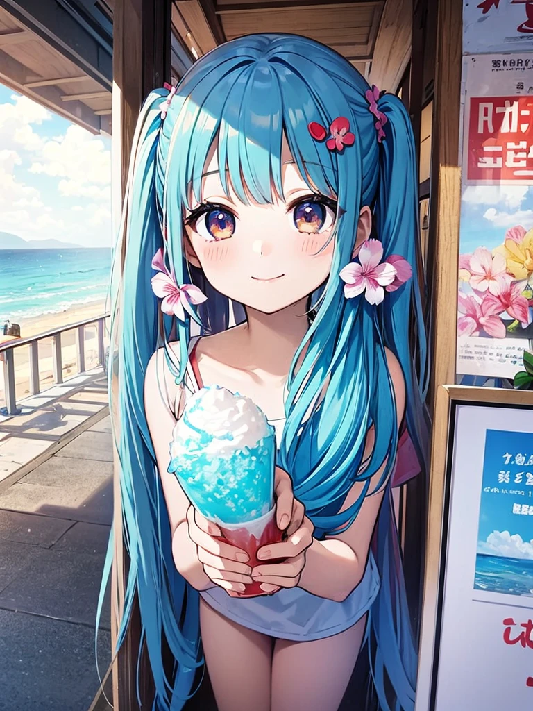 Seaside Cafe、Light blue long hair、Beautiful girl with twin tails、Eating strawberry shaved ice with relish、A cafe decorated with lots of orchid flowers、Beautiful girl with a bright smile