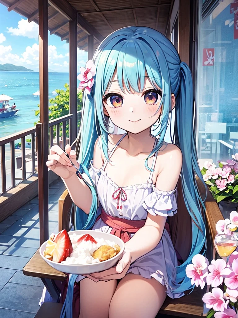 Seaside Cafe、Light blue long hair、Beautiful girl with twin tails、Eating strawberry shaved ice with relish、A cafe decorated with lots of orchid flowers、Beautiful girl with a bright smile
