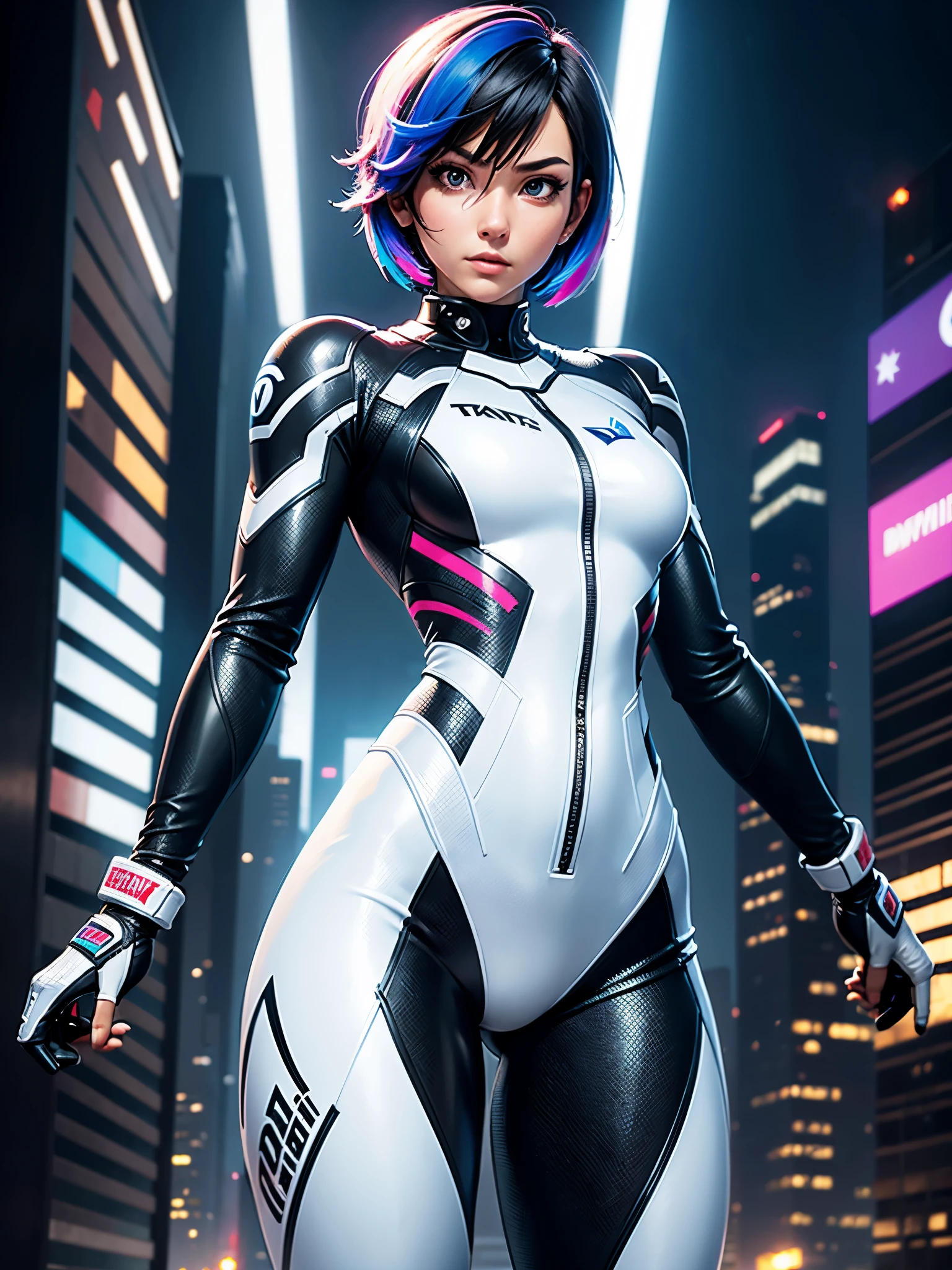 best qualityer,tmasterpiece,Ultimate resolution,downy,Extremely colorful,Colorful,Women combatants,a matural female,Black super short hair,Tight combat suit,white suit, tightsuit,Steel City background,the night,Normal posture,Normal posture