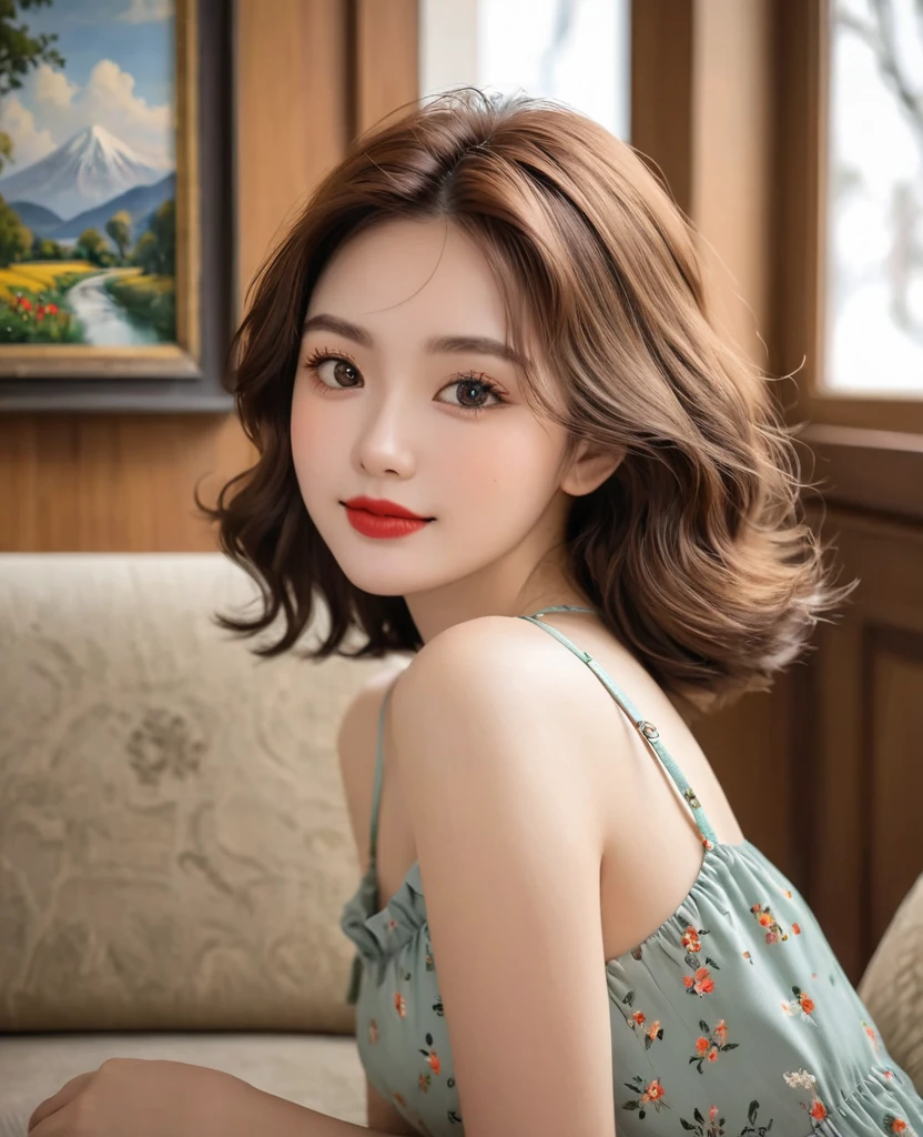 (Canon RF85mm f/1.2,best quality,Reality:1.4,light),A girl，Alone，She has brown hair，Wearing jewelry in hair。She sits indoors，Near the window，Sitting on the sofa，Have red lips。She looks directly at the audience，Looks confident and mysterious。The name of the artist who created this painting is cleverly incorporated into the picture.，Make the painting more personal and unique，Smiling