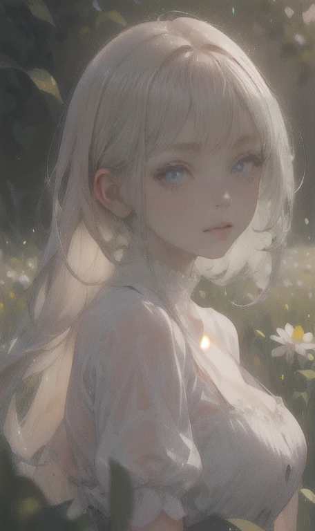 1 girl in a field of flowers, white flower, looking at the viewer, blue eyes, blonde hair, daisy, long hair, pure white dress, best quality, 4k, 8k, highres, masterpiece:1.2, ultra-detailed, realistic, photorealistic, photo-realistic:1.37, HDR, UHD, studio lighting, ultra-fine painting, sharp focus, physically-based rendering, extreme detail description, professional, vivid colors, bokeh, portrait, fantasy, cinematic lighting, natural lighting, soft focus, ethereal, serene, tranquil, dreamy