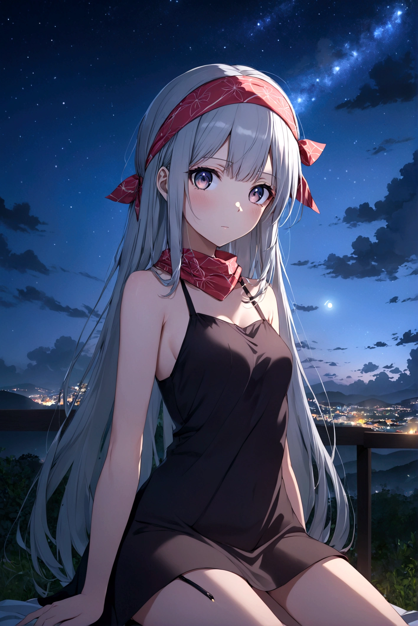 Sister masturbates while sitting on a rooftop in Tokyo late at night、You can see a realistic and beautiful night view of Tokyo in the background.、I feel so good that I close one eye、she has her right hand in her crotch、She is fondling her breast with her left hand、She has her crotch spread、not big breasts、slender、small breasts、modest chest、public hair visible、Completely naked、nude、Loose, medium-long hair of white color with an accent of red.、