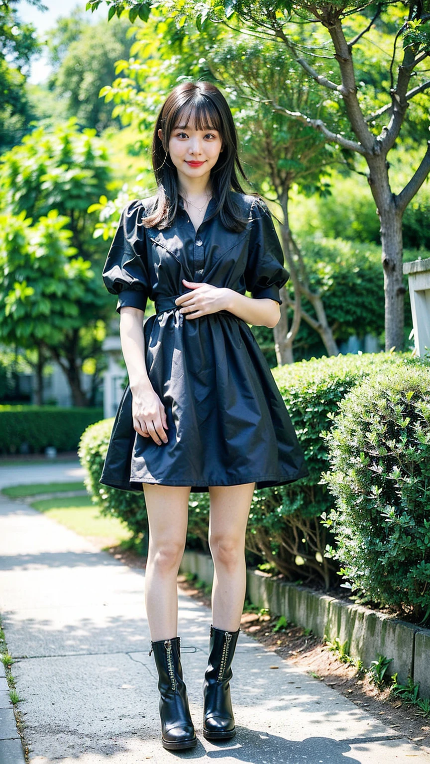 (8K、RAW Photos、Highest quality、masterpiece:1.2)、(Realistic、Realistic)、1 Girl、((Black mini skirt、Black dress、whole body、See-through、boots、chest emphasis、whole body、garden、View from the front、Looking into the camera、smile、Stand with hands on hips))、