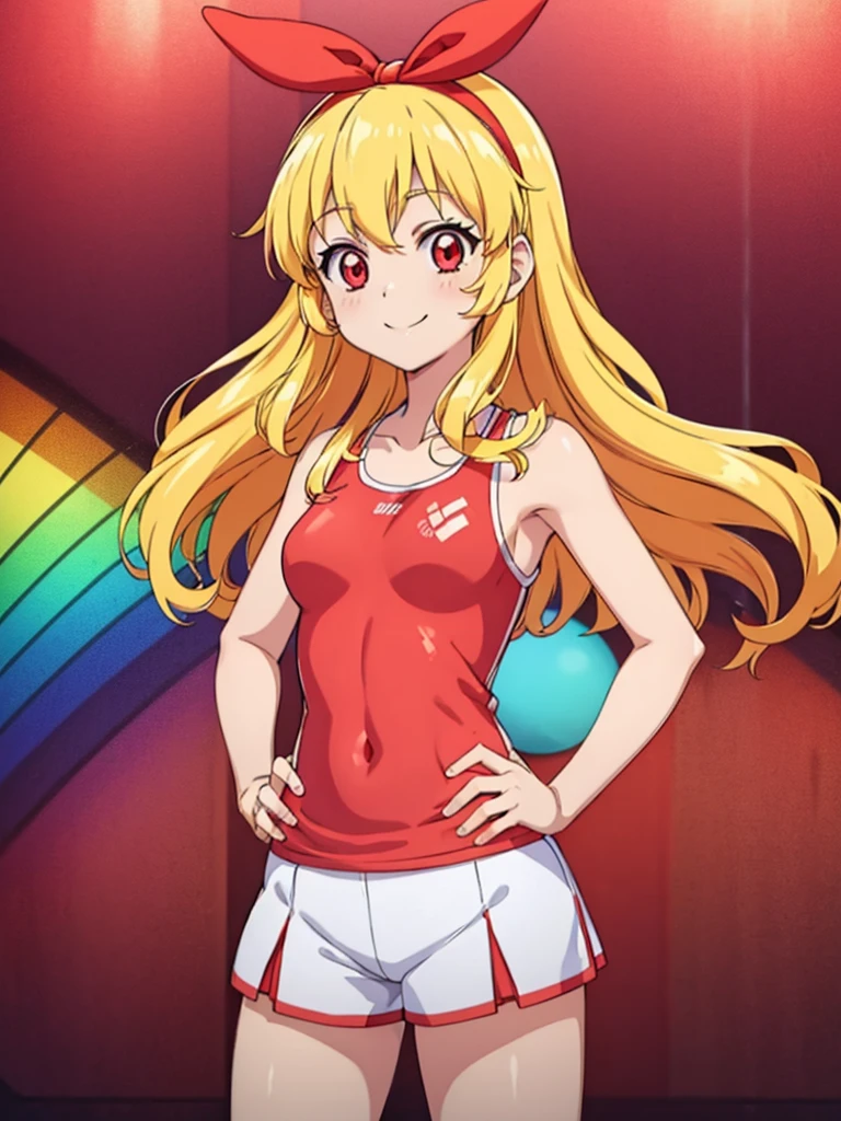 anime cg, highresolution, cute , smile, trainingroom, (RED Ribbon on HAIRband:1.2),Blonde hair, rainbow gradient sports wear, rainbow gradient highleg gymwear, hand on hip