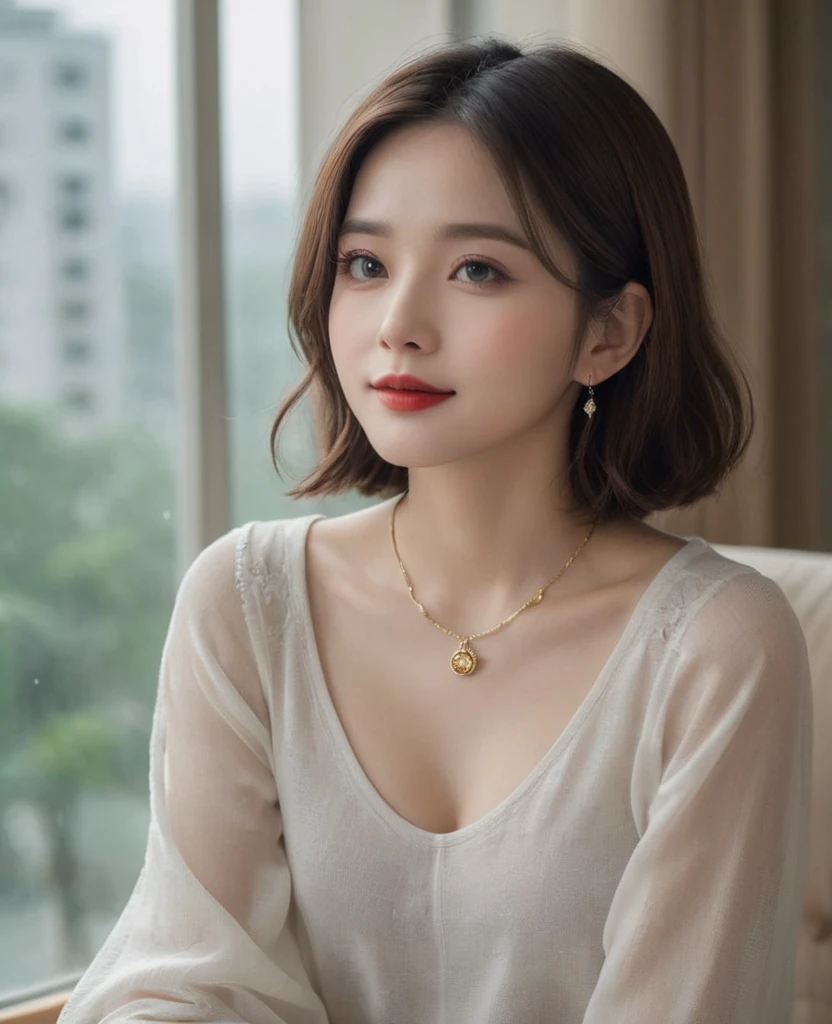 (Canon RF85mm f/1.2,best quality,Reality:1.4,light),A girl,Alone,She has brown hair,Wearing jewelry in hair。She sits indoors,Near the window,Sitting on the sofa,Have red lips。She looks directly at the audience,Looks confident and mysterious。The name of the artist who created this painting is cleverly incorporated into the picture.,Make the painting more personal and unique,Smiling