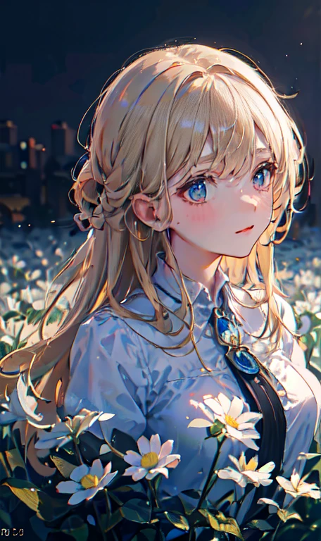 1 girl in a field of flowers, white flower, looking at the viewer, blue eyes, blonde hair, daisy, long hair, pure white dress, best quality, 4k, 8k, highres, masterpiece:1.2, ultra-detailed, realistic, photorealistic, photo-realistic:1.37, HDR, UHD, studio lighting, ultra-fine painting, sharp focus, physically-based rendering, extreme detail description, professional, vivid colors, bokeh, portrait, fantasy, cinematic lighting, natural lighting, soft focus, ethereal, serene, tranquil, dreamy