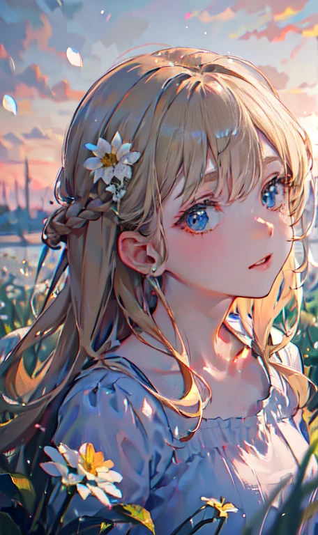 1 girl in a field of flowers, white flower, looking at the viewer, blue eyes, blonde hair, daisy, long hair, pure white dress, best quality, 4k, 8k, highres, masterpiece:1.2, ultra-detailed, realistic, photorealistic, photo-realistic:1.37, HDR, UHD, studio lighting, ultra-fine painting, sharp focus, physically-based rendering, extreme detail description, professional, vivid colors, bokeh, portrait, fantasy, cinematic lighting, natural lighting, soft focus, ethereal, serene, tranquil, dreamy