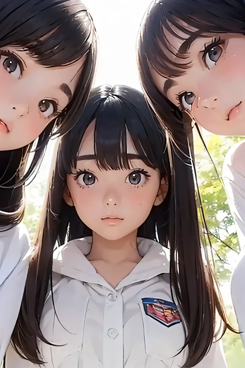 Highest quality、High resolution、Detailed Background、(Detailed eyes:1.2)、Teenage beauty、(Highly detailed face:1.4)、(Huge breasts:1.2)、cute hair color、ponytail、Bobcut、cute hairstyle、Perfect body line、No sleeve、Sailor suit、mini skirt、(View of two beautiful girls from below:1.5)、sit at a desk in the classroom、Blushing with a troubled expression、cute