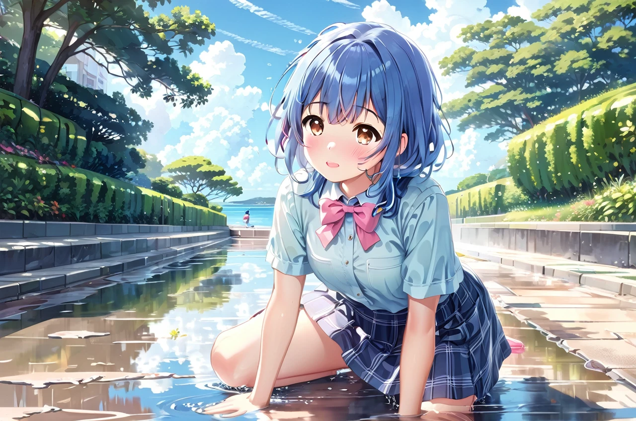 master piece, extremely detailed, high resolution, Makoto Shinkai style, high school girl, short sleeve shirt, blue bow tie, checkered mini skirt, elbows at sides, arms clenched, blue hair, glossy plump lips, pink lips, glossy hair, stone steps in the background of a park with an ocean view, blue summer sky, mouth closed and happy expression, medium long hair, braids, ribbon hair accessory, curious eyes, brown eyes, mid-bust, slim waist, upper body only, girl reflected in puddle, squatting over puddle, fullbody, wearing loafers,