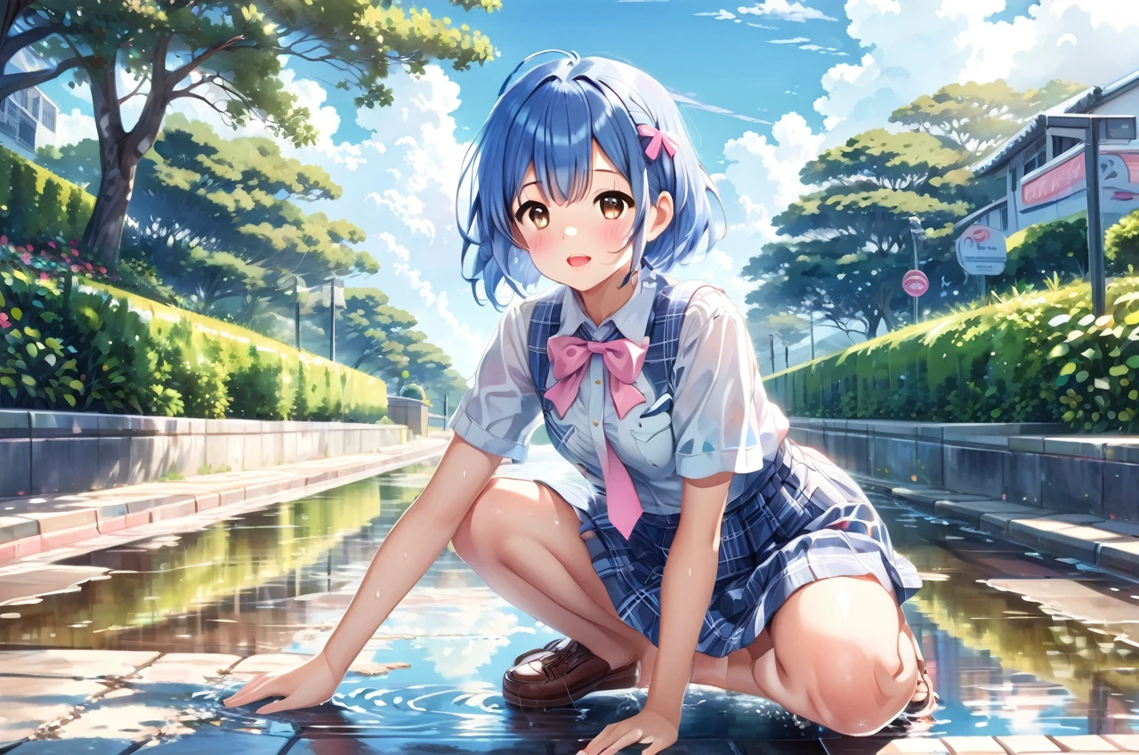 master piece, extremely detailed, high resolution, Makoto Shinkai style, high school girl, short sleeve shirt, blue bow tie, checkered mini skirt, elbows at sides, arms clenched, blue hair, glossy plump lips, pink lips, glossy hair, stone steps in the background of a park with an ocean view, blue summer sky, mouth closed and happy expression, medium long hair, braids, ribbon hair accessory, curious eyes, brown eyes, mid-bust, slim waist, upper body only, girl reflected in puddle, squatting over puddle, fullbody, wearing loafers,