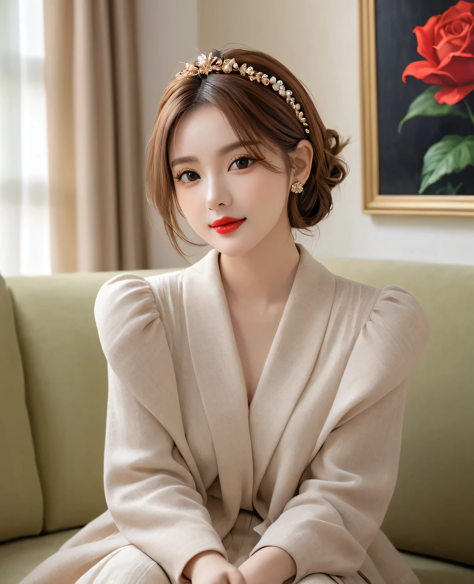 (Canon RF85mm f/1.2,best quality,Reality:1.4,light),A girl，Alone，She has brown hair，Wearing jewelry in hair。She sits indoors，Near the window，Sitting on the sofa，Have red lips。She looks directly at the audience，Looks confident and mysterious。The name of the artist who created this painting is cleverly incorporated into the picture.，Make the painting more personal and unique，Smiling