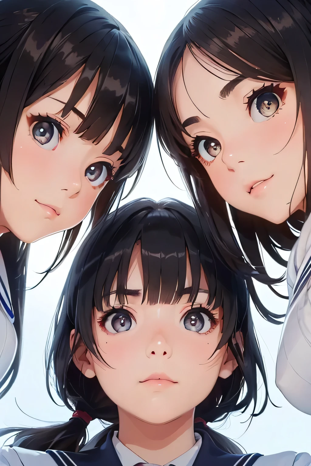 Highest quality、High resolution、Detailed Background、(Beautiful face in every detail:1.4)、Anatomically correct、Detailed facial expressions、age beauty、Highly detailed face、(Huge breasts:1.2)、cute hair color、Bobcut、ponytail、cute hairstyle、well-groomed eyebrows、Perfect body line、School classroom、JK Uniform、(A shot from below of three beautiful girls looking at us with cold eyes:1.5)、Close up from below、look at me with cold eyes、glare、cute