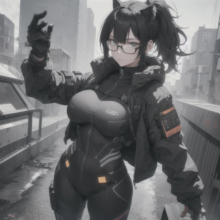 Absurd resolution, high resolution, (masterpiece: 1.4), hyper-detail, full body shot, solo, 1 kemono feline cat woman, humanoid, no skin other than neck and head shown, black hair, glasses, messy ponytail, cute face, detailed soft grey eyes, huge massive hyper super swollen heavy breasts that cover her whole torso and are bigger than her head while being so big they reach her belly button, extremely super large swollen perky heavy bust, wide full hips, narrower torso and shoulders, smaller torso, full thicc big soft thighs, big rounded full soft butt, ruggedized utility styled outfit, fully insulated suit, full body outfit coverage with no skin showing or revealed, scifi monochrome black and grey fullbody covering protective padding rugged loose-fitted pilot utility suit with white zipped utility top for breasts support, tactical strategic protective padding on hips and thighs and abdomen, practical/functional clothing, weather-proof durable clothing material, nylon clothing material, custom made clothing to fit and support large breasts, scifi padded rugged rigid high collar techwear jacket, armored high collar, white and black triangular decals and techwear iconography on apparel and clothing, techwear gloves, arm mounted strapped display scifi tablet/communication device/computer, rugged tablet display mounted on MOLLE strap on top of her bust, ruggedized computer tablet mounted above her breasts, screen display mounted on top of her chest, ruggedized tech, ruggedized tech aesthetic, fitted utility pants, utility chaps, near future scifi, cyberpunk aesthetic, anime aesthetic
