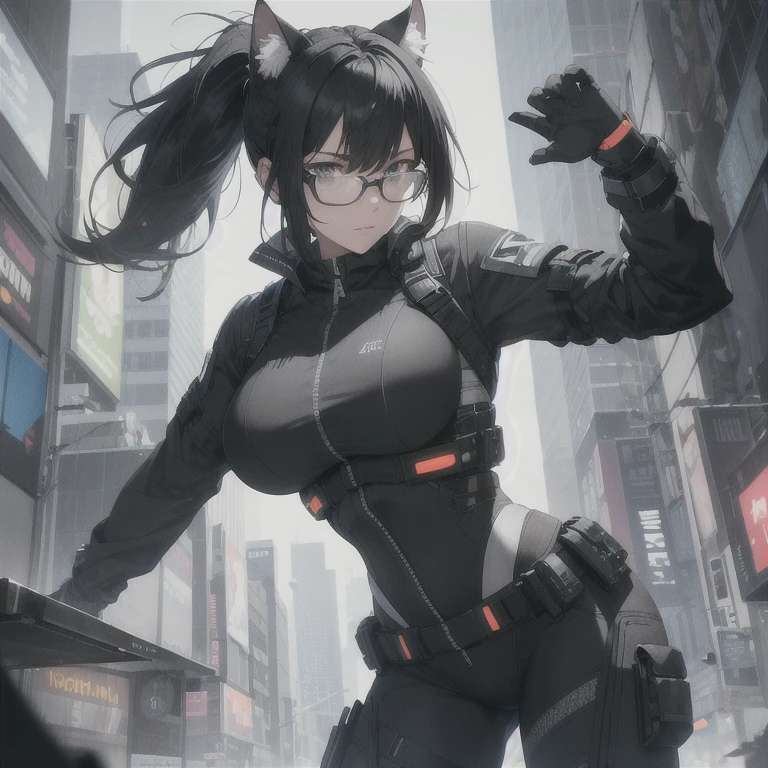 Absurd resolution, high resolution, (masterpiece: 1.4), hyper-detail, full body shot, solo, 1 kemono feline cat woman, humanoid, no skin other than neck and head shown, black hair, glasses, messy ponytail, cute face, detailed soft grey eyes, huge massive hyper super swollen heavy breasts that cover her whole torso and are bigger than her head while being so big they reach her belly button, extremely super large swollen perky heavy bust, wide full hips, narrower torso and shoulders, smaller torso, full thicc big soft thighs, big rounded full soft butt, ruggedized utility styled outfit, fully insulated suit, full body outfit coverage with no skin showing or revealed, scifi monochrome black and grey fullbody covering protective padding rugged loose-fitted pilot utility suit with white zipped utility top for breasts support, tactical strategic protective padding on hips and thighs and abdomen, practical/functional clothing, weather-proof durable clothing material, nylon clothing material, custom made clothing to fit and support large breasts, scifi padded rugged rigid high collar techwear jacket, armored high collar, white and black triangular decals and techwear iconography on apparel and clothing, techwear gloves, arm mounted strapped display scifi tablet/communication device/computer, rugged tablet display mounted on MOLLE strap on top of her bust, ruggedized computer tablet mounted above her breasts, screen display mounted on top of her chest, ruggedized tech, ruggedized tech aesthetic, fitted utility pants, utility chaps, near future scifi, cyberpunk aesthetic, anime aesthetic