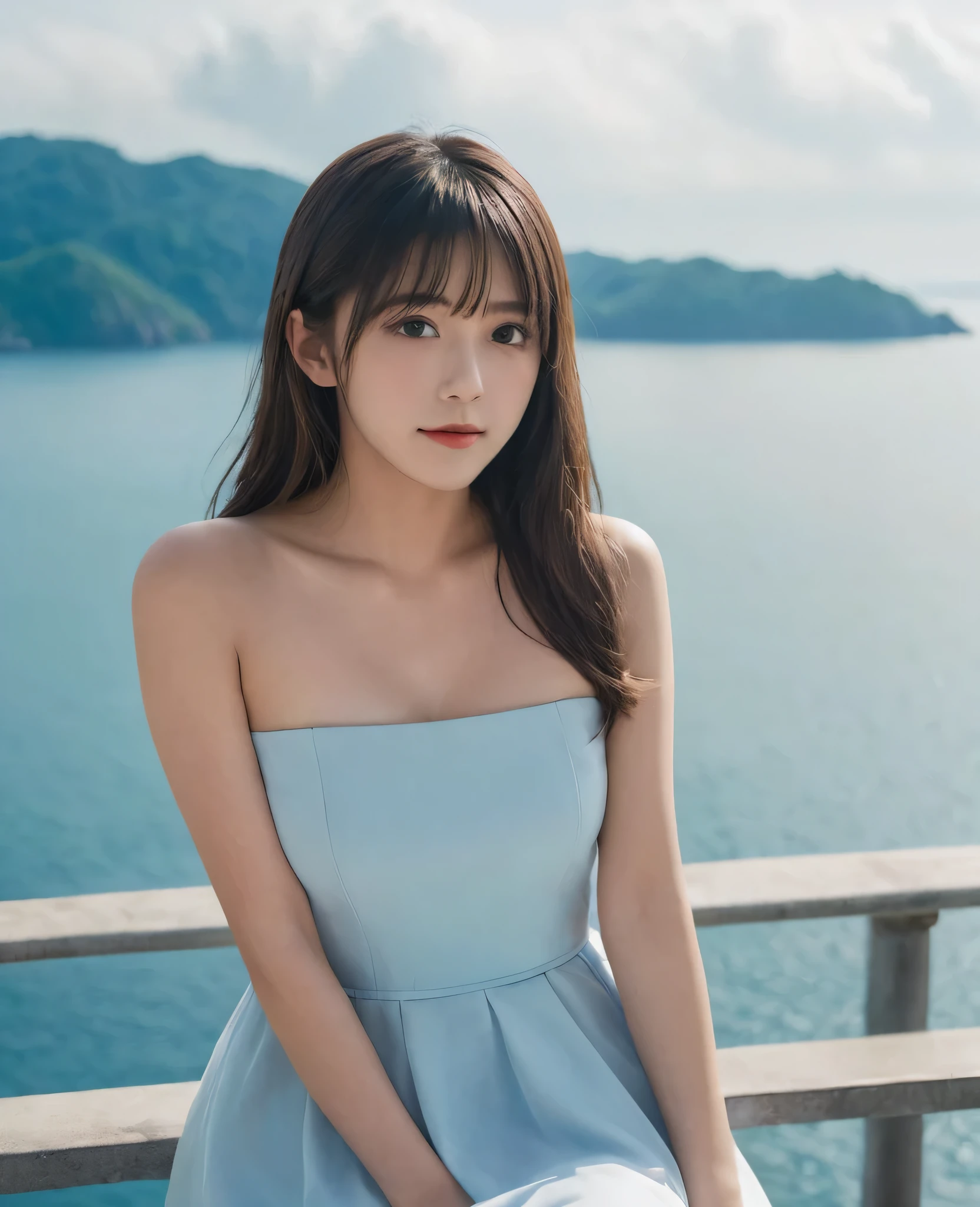 A girl，alone，Long hair，Looking at the audience，bangs，Brown hair，dress，Bare shoulders，Huge breasts，Brown eyes，Upper Body，outdoor，Sky，sleeveless，daytime，cloud，White dress，vague，Blue sky，Lips，Depth of Field，vague的背景，ocean，Reality，bench，Smile