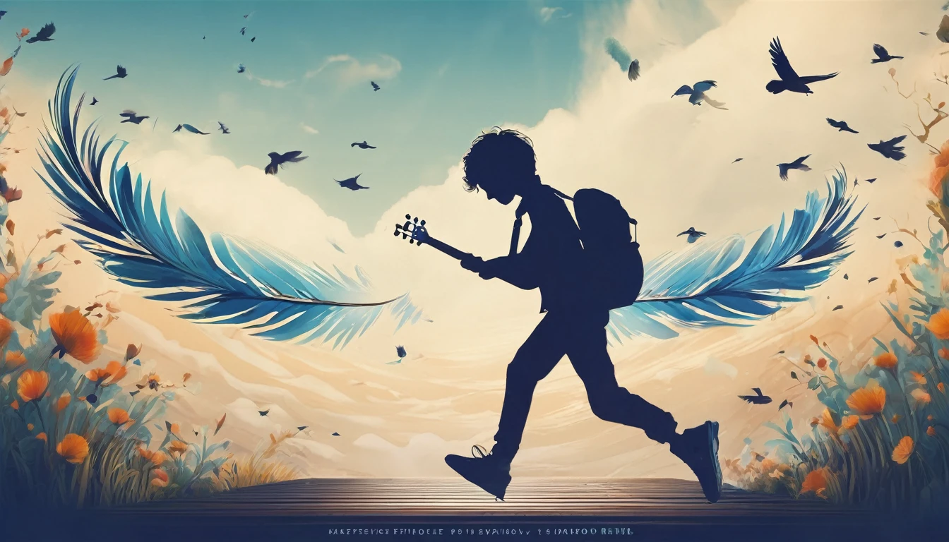 Create a professional, fantastic, cinematic Youtube Banner for a brand about music and stories called " Penamemoria". Masterpiece, 4k, sharp focus, highest quality,wide shot. The title is " Penamemoria". Is a brand about the creative, unique journey of a boy into becoming a musician storyteller. In his journey he finds inspiration in a world of birds and feathers. Minimalistic, simple, poetic, dreamy logotype at the center of the image. The Background image is a world full of fantastic feathers, unique birds, light blue sky, and a boy running happily into the horizon with an acoustic guitar in his right hand. Boy running against the wind, almost simulating like he is flying