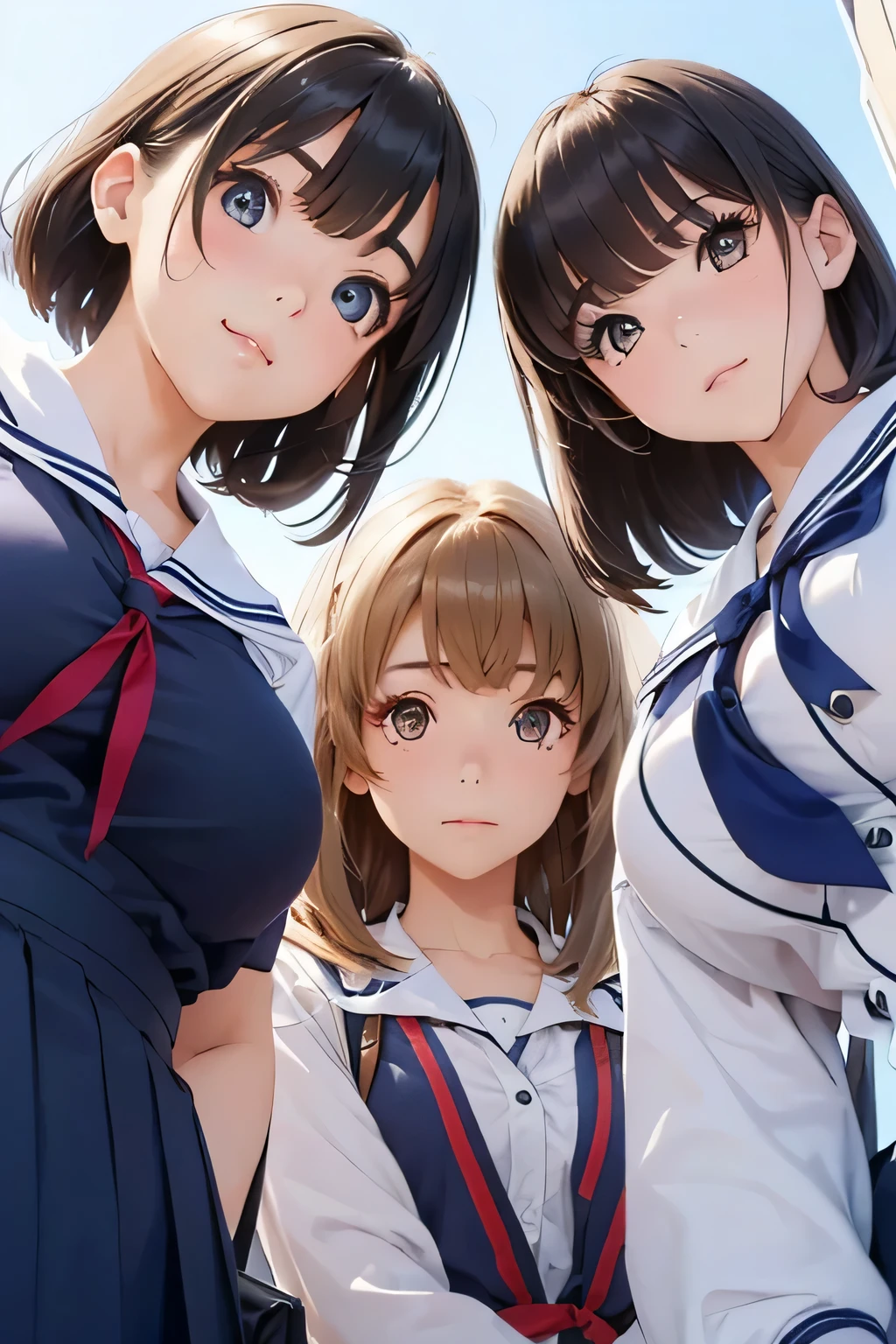 Highest quality、High resolution、Detailed Background、(Beautiful face in every detail:1.4)、Anatomically correct、Detailed facial expressions、age beauty、Highly detailed face、(Huge breasts:1.2)、cute hair color、Bobcut、ponytail、cute hairstyle、well-groomed eyebrows、Perfect body line、School classroom、JK Uniform、(A shot from below of three beautiful girls looking at us with cold eyes:1.5)、Close up from below、look at me with cold eyes、glare、cute