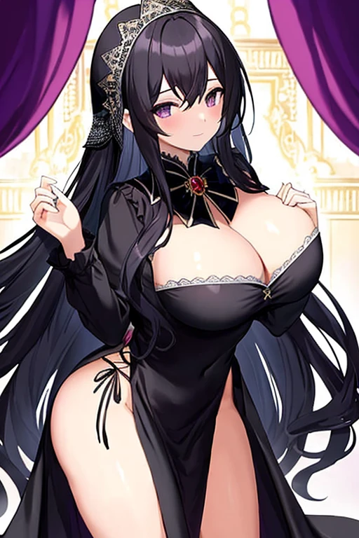 ((best quality)), ((masterpiece)), (detailed), 1girl, soft smile, loving, long black hair, long black dress, purple eyes, gothic mansion, sweeping magic effect, flowing magic effect, hands clasped, breasts showing, panties showing