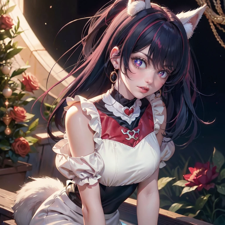 1girl, Ai Hoshino_(Oshi no Ko), centered girl, perfectly body, perfectly hands, solo, jewelry, magenta roses, rabbit jewel on her hair, ornament hair, twintails, rabbit jewel on her hair, purple hair, long hair, solo, white maid dress, jewelry, purple hair, flowing hair, long hair, maid dress with a short skirt and layers, white laces, white boots, white dress with transparency, gold details on her clothes, cat ears, animal ears, more details, perfectly body, perfectly hands, two hands, two legs, two arms, five fingers, glowing hair, best quality, cat ears, animal ears, white gloves, cat tail, alone, maid headdress, choker, detached sleeves, maid dress, maid white dress, strapless, masterpeice, best quality, detailed face, night, asymmetrical gloves, bangs, white short skirt , earrings, elbow gloves, fishnet thighhighs, fishmasterpeice, solo, best quality, detailed face, hair between eyes, jewelry, looking at viewer, single earring, sky, sleeveless, solo, thigh boots, thighhighs, tongue, tongue out, uneven gloves, cat ears, animal ears, cat tail, solo, alone, Looking at the viewer, magenta roses on her hair, space scenery, maid, maid dress, magenta details, maid headdress, maid apron, purple hair, long hair, seat on the Saturn rings, more details on her clothes, gold details on her clothes, space, smiling, standing her hand to a viewer, looking at the viewer, in the background a several asteroids glowing with fiery auras, Dramatic lighting from distant stars and planets illuminates the scene, looking at the vast and mysterious universe, cowboy shot, upper body portrait, more details, sparkle